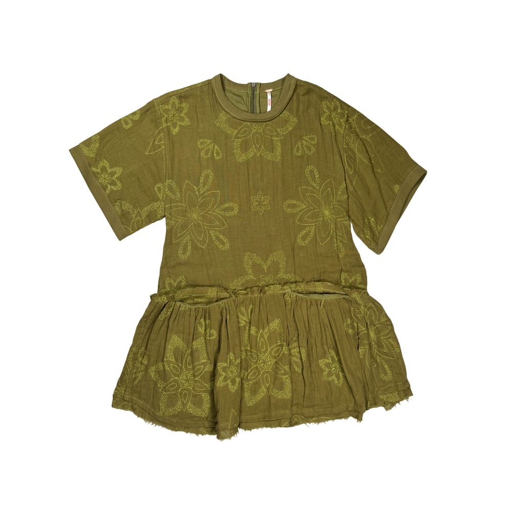 Free People Picking Petals Mini Dress Women XS Olive Green Floral Drop Waist